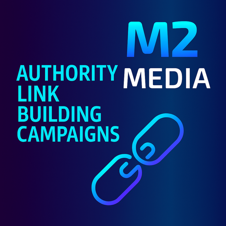 Authority Link Building Campaigns graphic showing the title above a computer monitor with a chain link icon and an orange star badge.