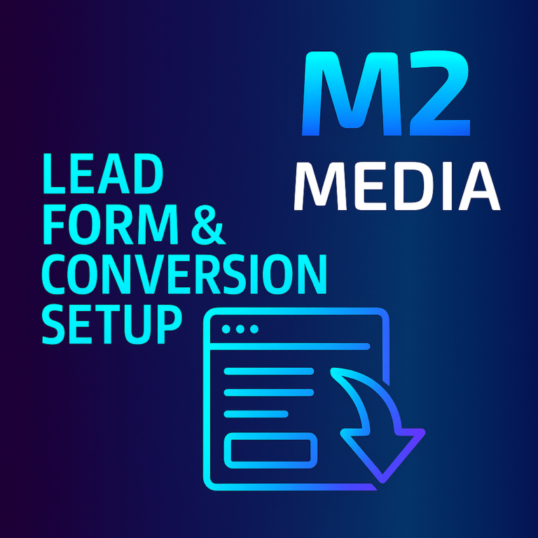 Lead Form and Conversion Setup graphic showing the title above a computer monitor with a lead capture form and an orange checkmark badge.