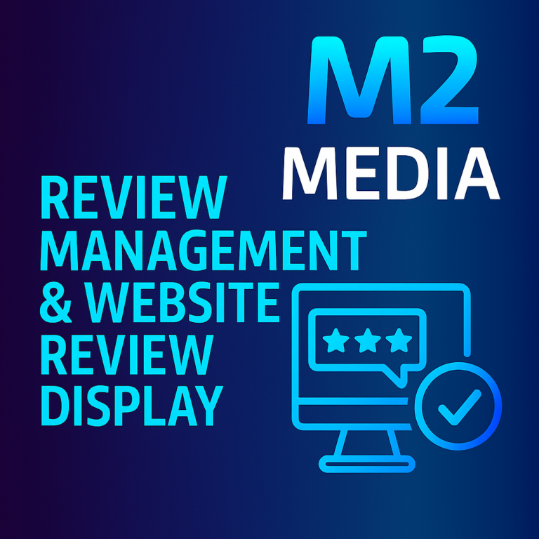 Review Management and Website Review Display graphic showing the title above a computer monitor with a five star rating bar, text snippets, and an orange checkmark badge.