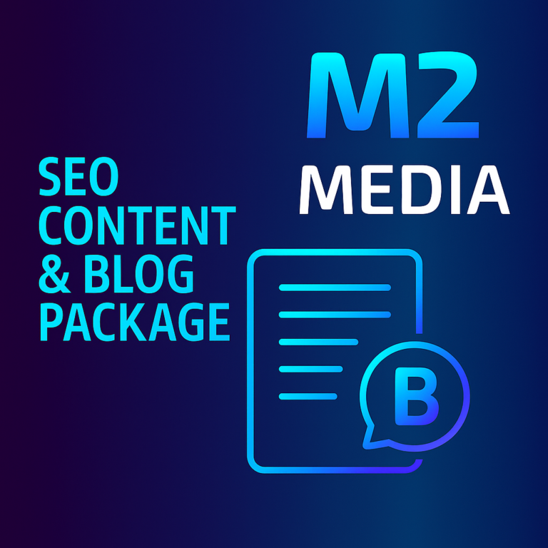 SEO Content and Blog Package graphic showing the title above a computer monitor with a blog layout, an orange content block, and a green checkmark badge.
