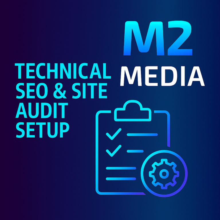 Technical SEO and Site Audit Setup graphic showing the title above a computer monitor with a gear icon on a webpage and a green upward arrow badge.