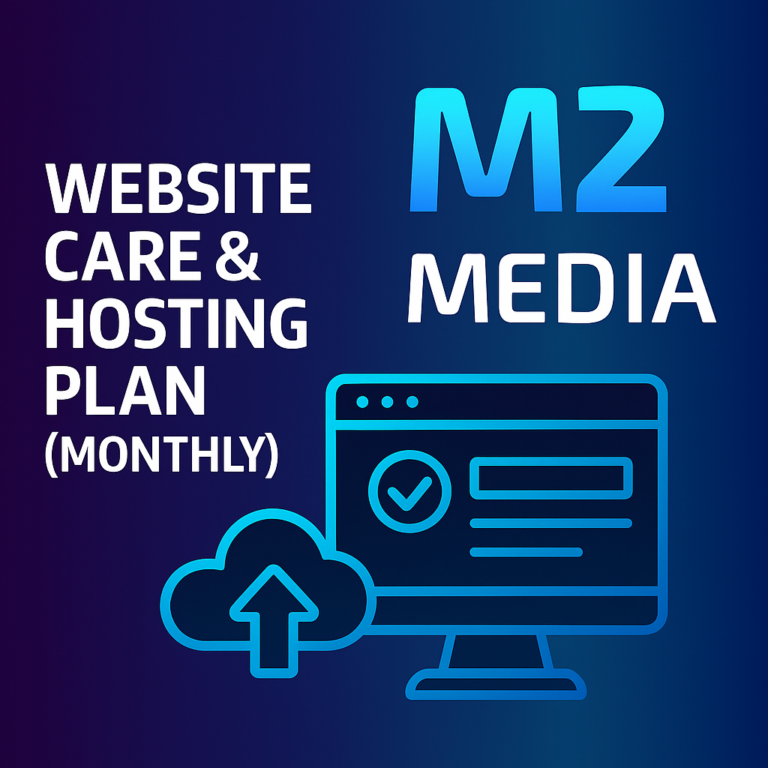 Website Care and Hosting Plan graphic showing the title above a computer monitor with a webpage and an orange shield checkmark icon.