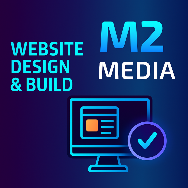 Website Design and Build graphic with a monitor showing a sample webpage layout and an orange checkmark badge.