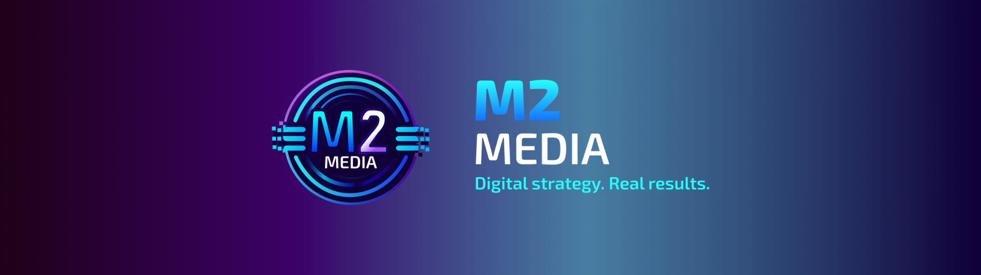 M2 Media gradient banner with circle badge